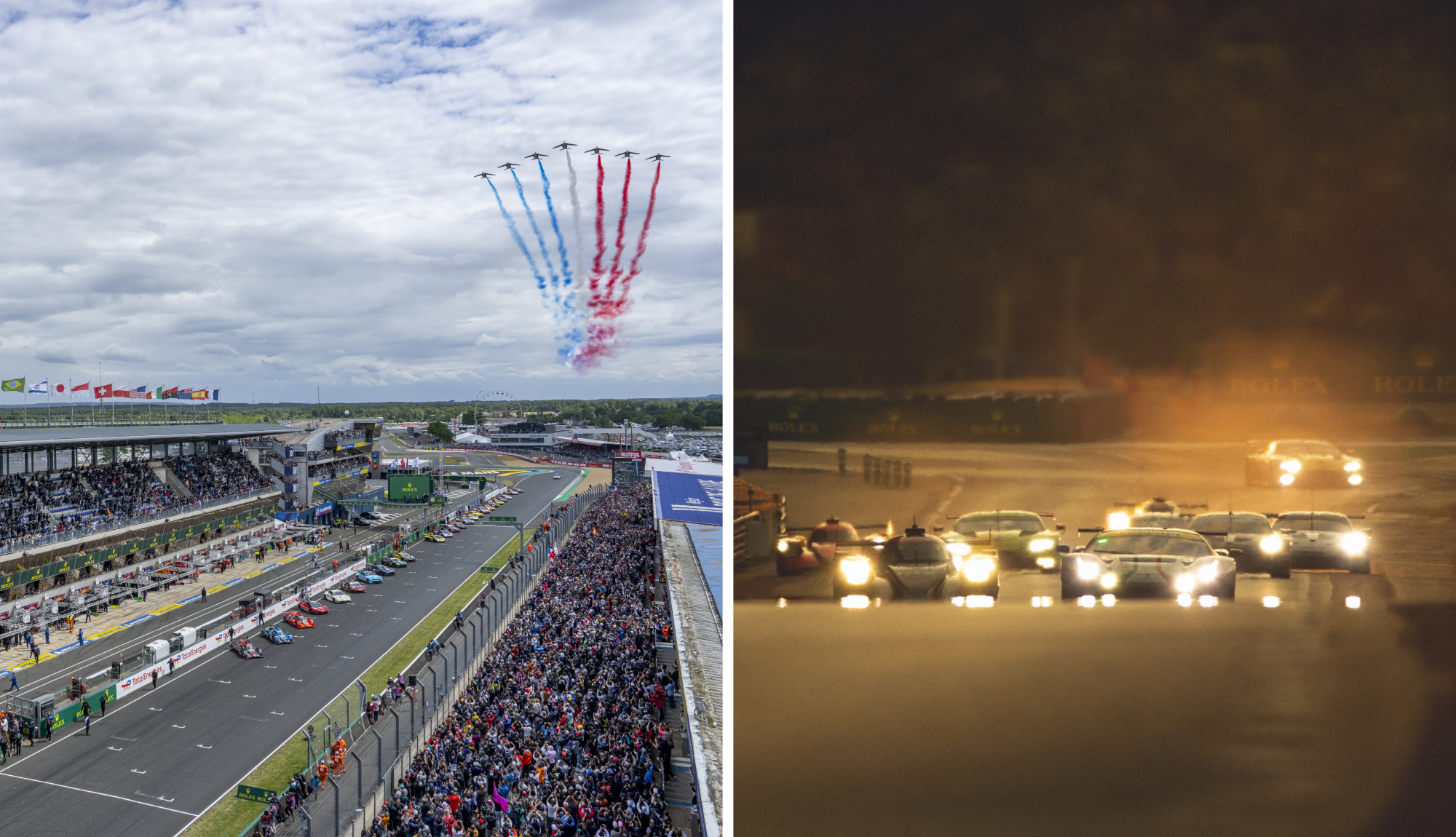 Split image of Le Mans 24 Hours race start with aerial flyover and nighttime racing action under headlights. 