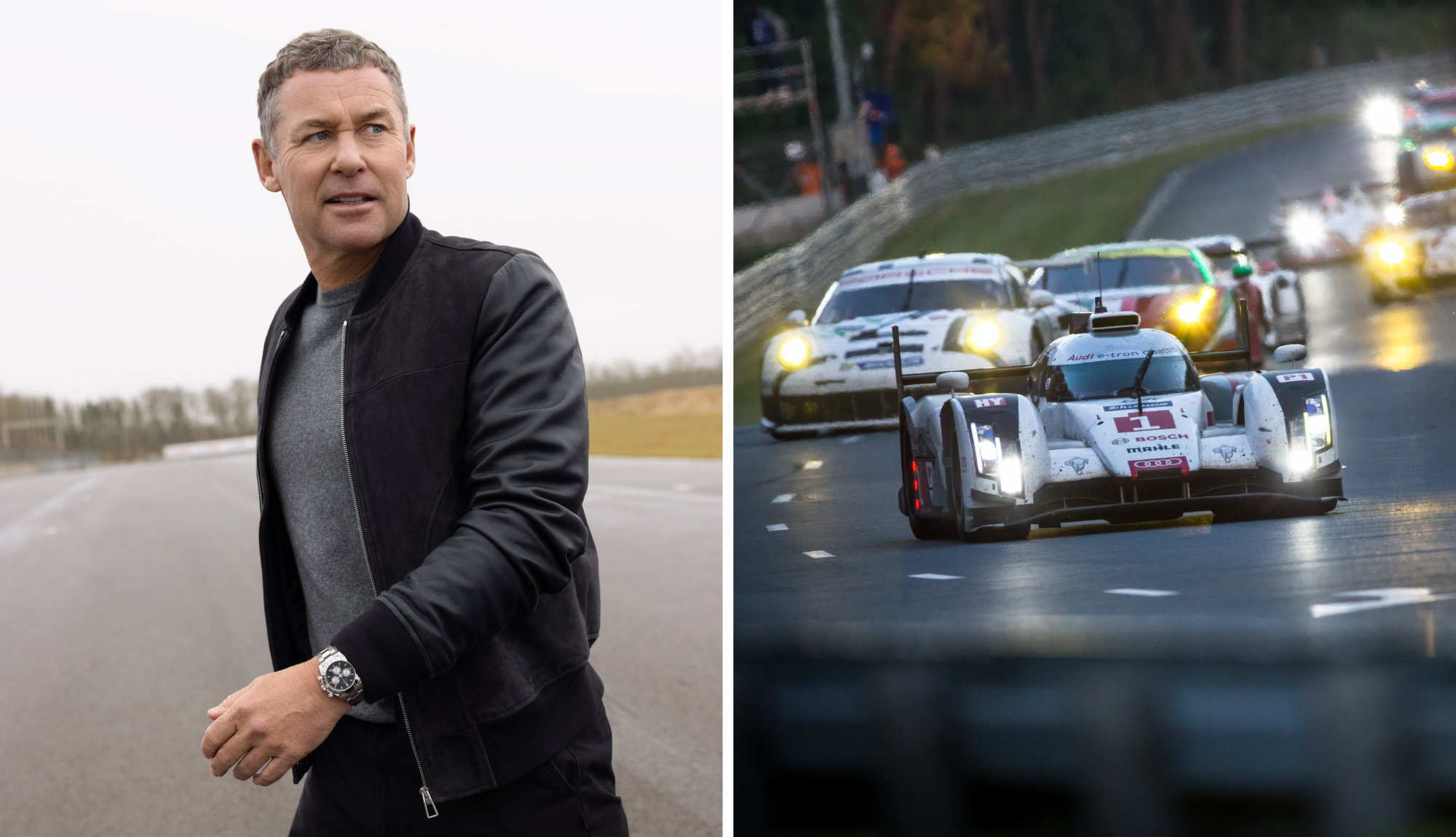 Tom Kristensen wearing a Rolex watch beside a Le Mans track, paired with a scene of night racing action 