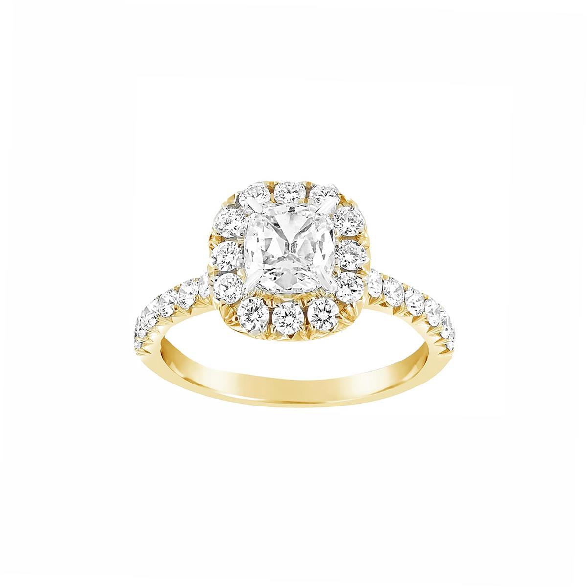 Henri Daussi 18k Yellow Gold Cushion Diamond Halo Engagement Ring