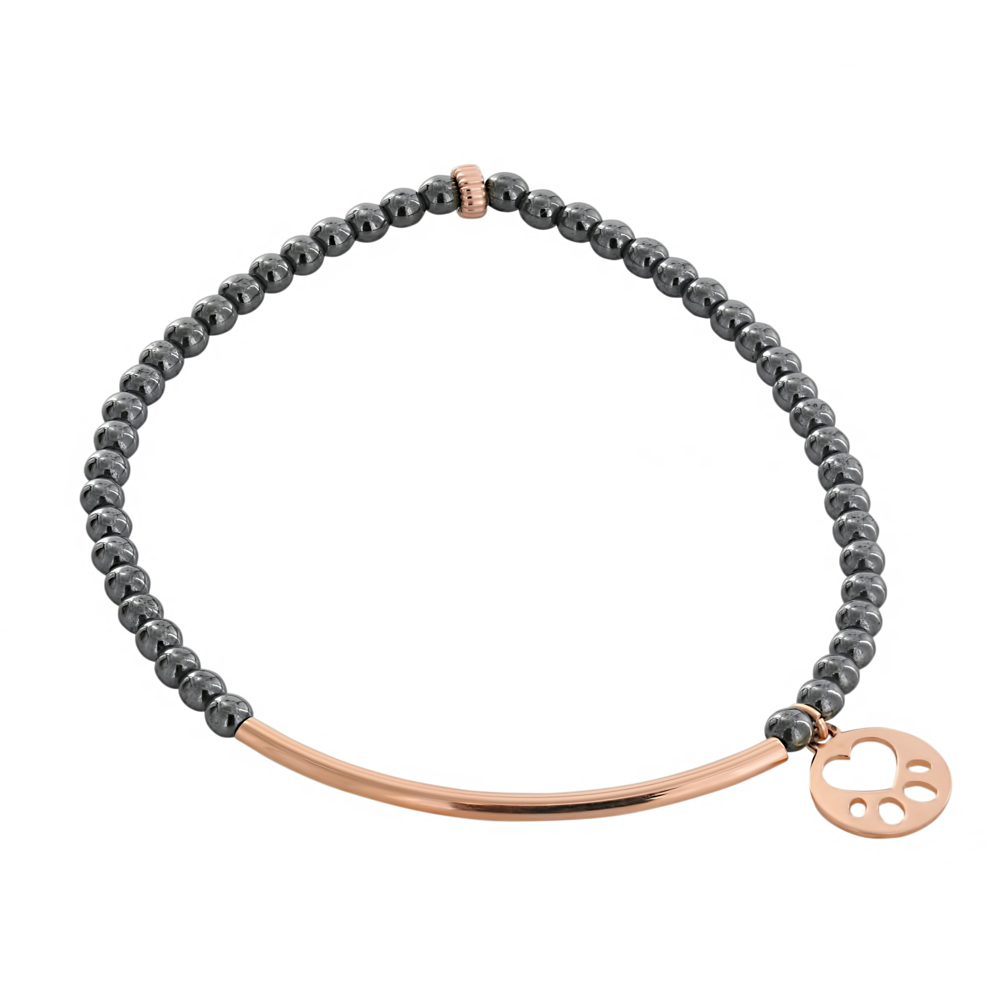 Our Cause for Paws 14k Rose Gold Mini Paw Bar Hematite Bead Bracelet