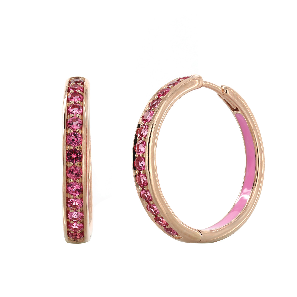 Jane Taylor 14k Rose Gold Pink Enamel Pink Spinel 3/4" In Out Hoop Earrings