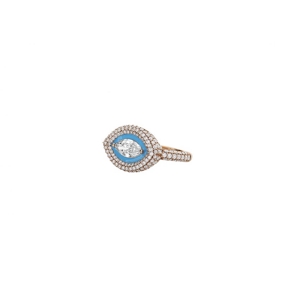 Kamyen 18k Rose Gold Turquoise Enamel Marquise Diamond Pinky Ring
