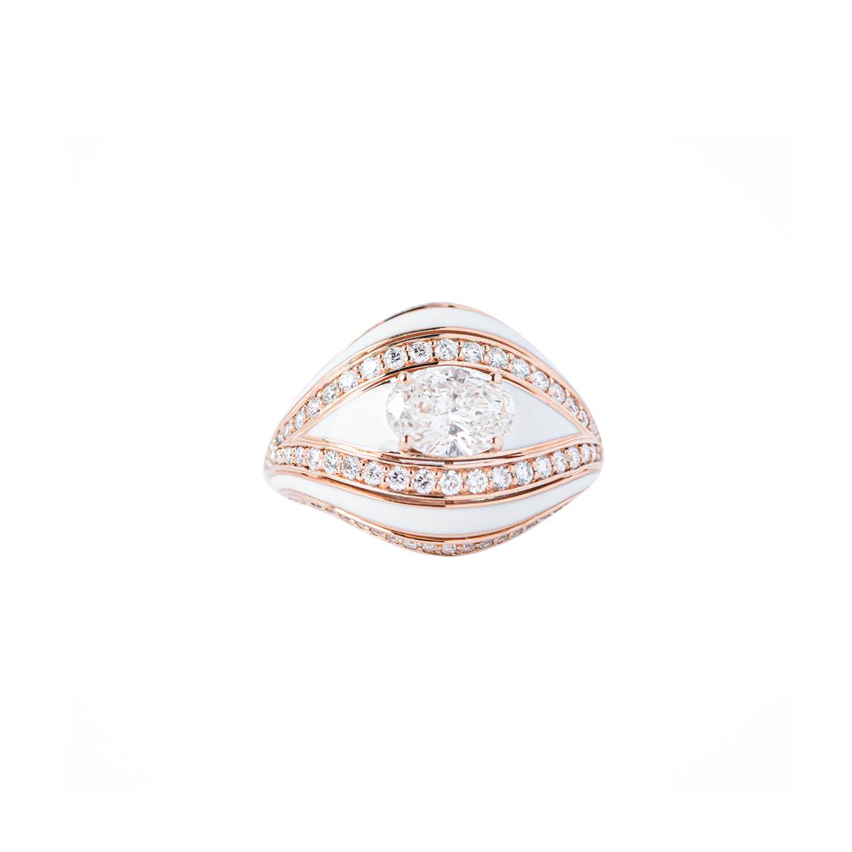 Kamyen 18k Rose Gold White Enamel and Diamond Eye Pinky Ring