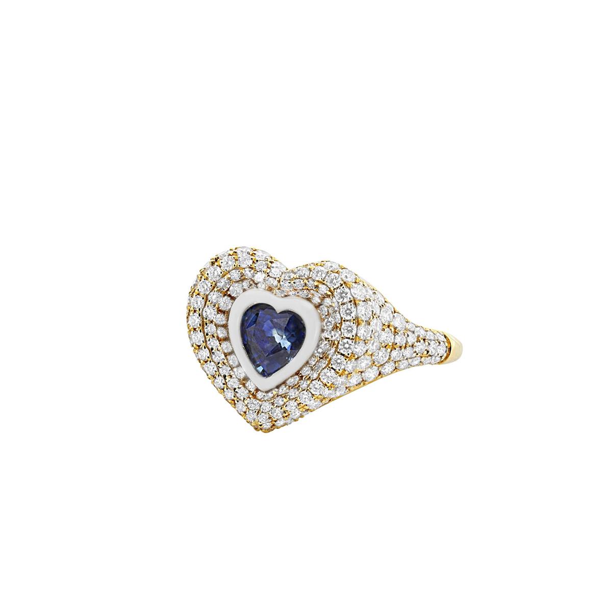 Kamyen 18k Yellow Gold Pave Diamond Blue Sapphire Heart Ring