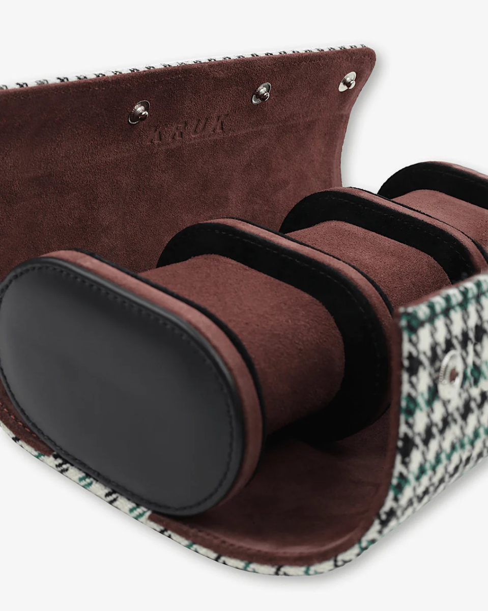 Kruk Green Pepita 3 Watch Travel & Storage Case with Chocolate Suede Lining