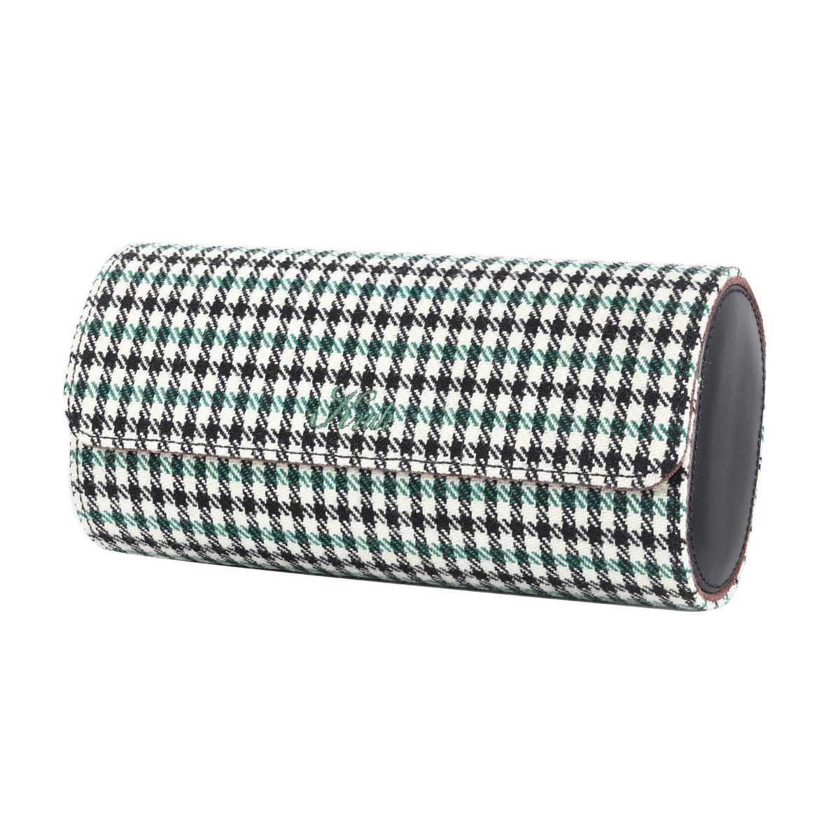 Kruk Green Pepita 3 Watch Travel & Storage Case with Chocolate Suede Lining