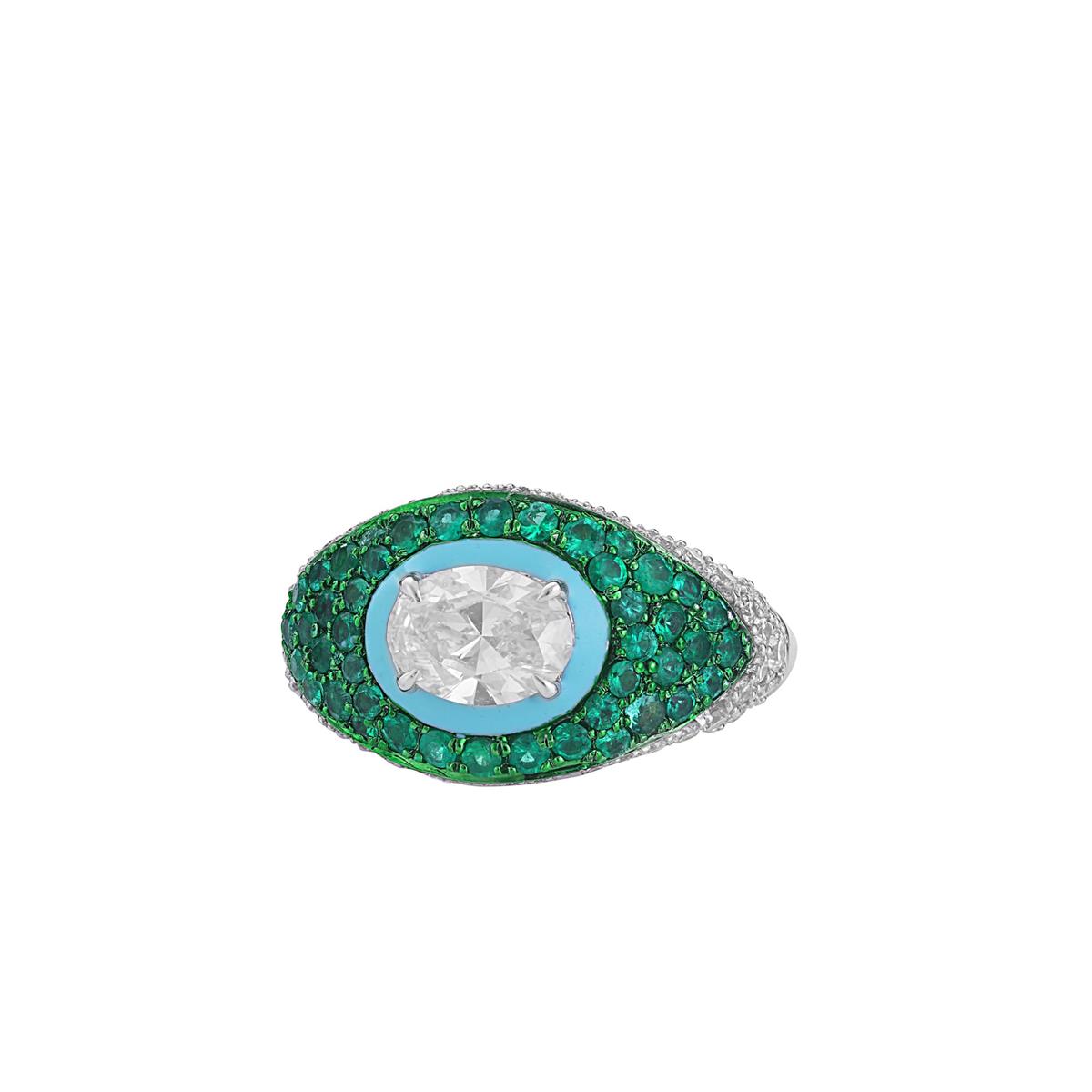 Kamyen 18k White Gold Diamond and Zambian Emerald Pinky Ring