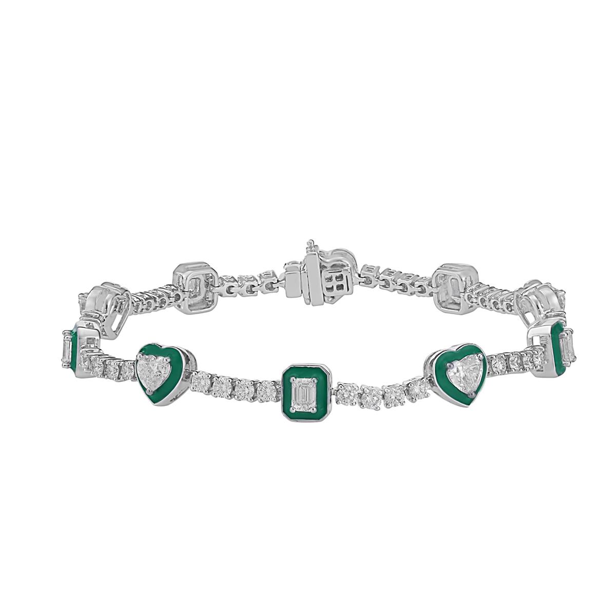 Kamyen 18k White Gold Green Enamel and Diamond Mixed Shaped Bracelet