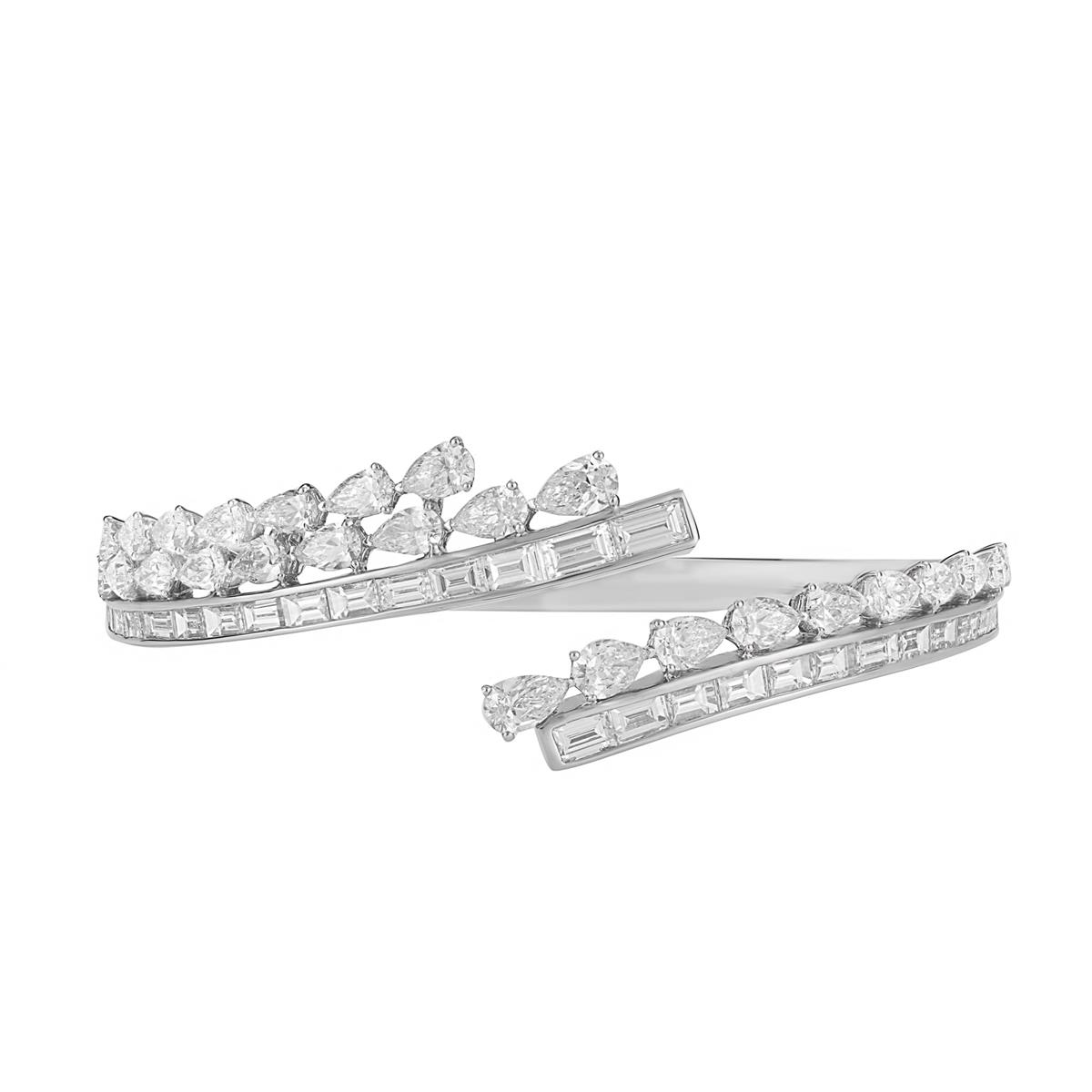 London Collection 18k White Gold Baguette and Pear Shape Diamond Bypass Bangle Bracelet