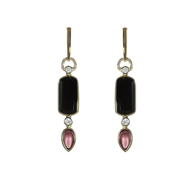Olivia B 14k Yellow Gold Onyx Diamond and Rhodolite Drop Earrings