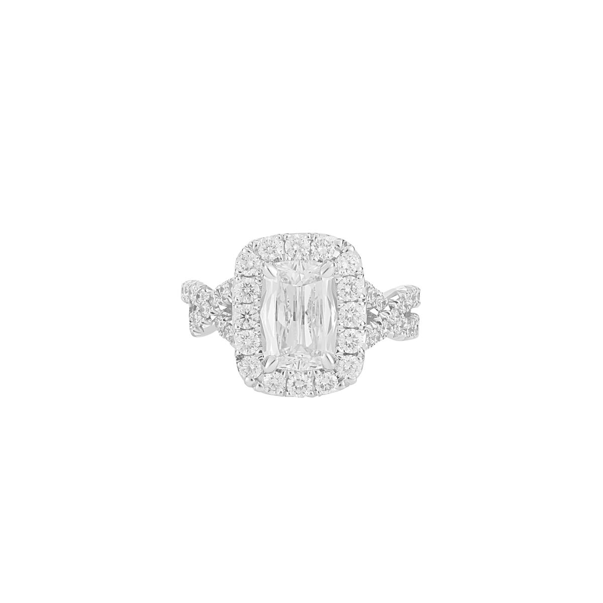 Henri Daussi 18k White Gold Cushion Diamond Crossover Engagement Ring 