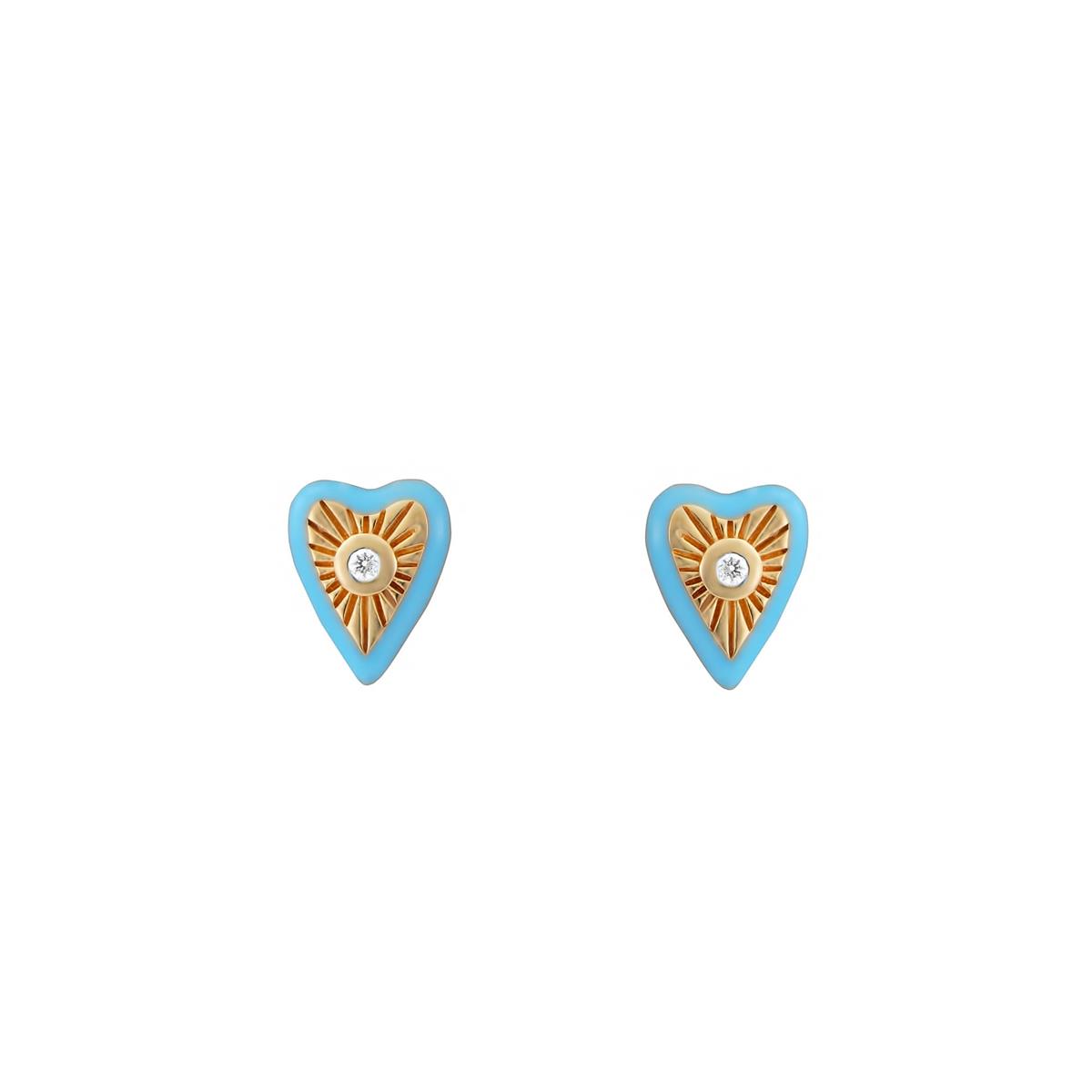 London Collection 14k Yellow Gold Turquoise Enamel & Diamond Heart Stud Earrings