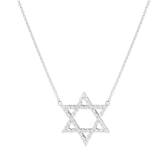 London Collection 14k White Gold Star Of David Prong Set Diamond Necklace