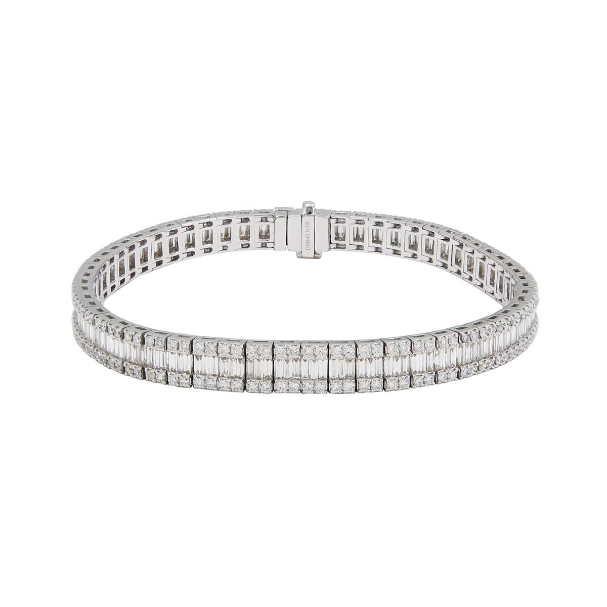 London Collection 18k White Gold Round and Baguette Diamond 3 Row Bracelet