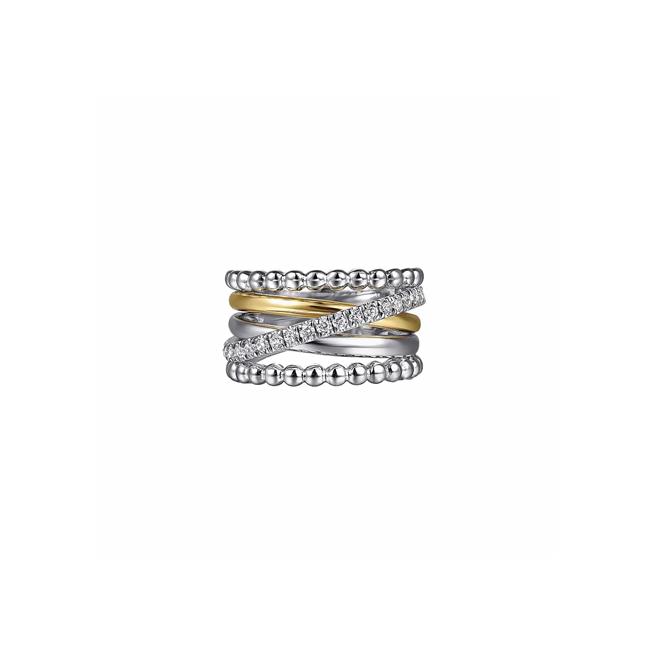 Gabriel & Co Bridal Sterling Silver and 14k Yellow Gold White Sapphire Wide Bujukan Ring