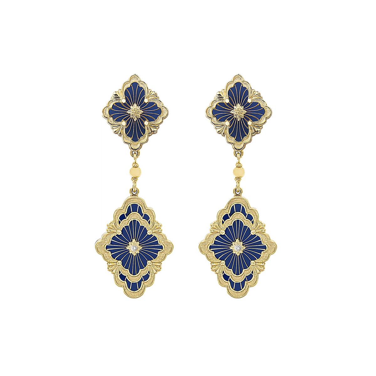 Buccellati Opera Tulle 18k Yellow Gold Blue Enamel Pendant Drop Earrings