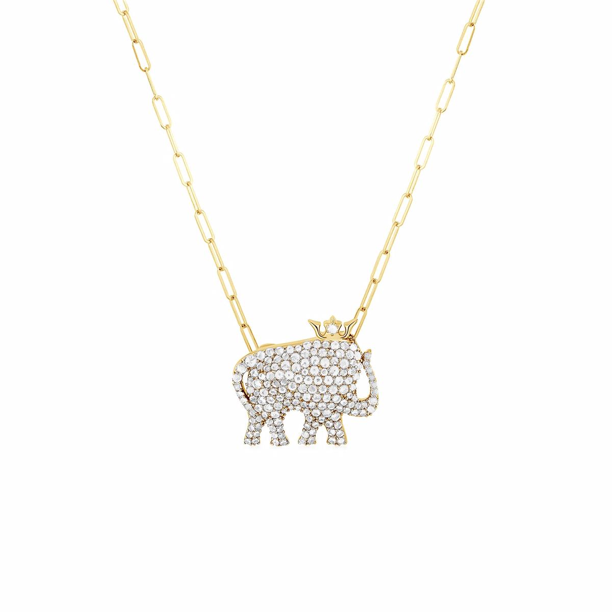 Goshwara Limited Edition 18k Yellow Gold White Sapphire Small Elephant Pendant Necklace