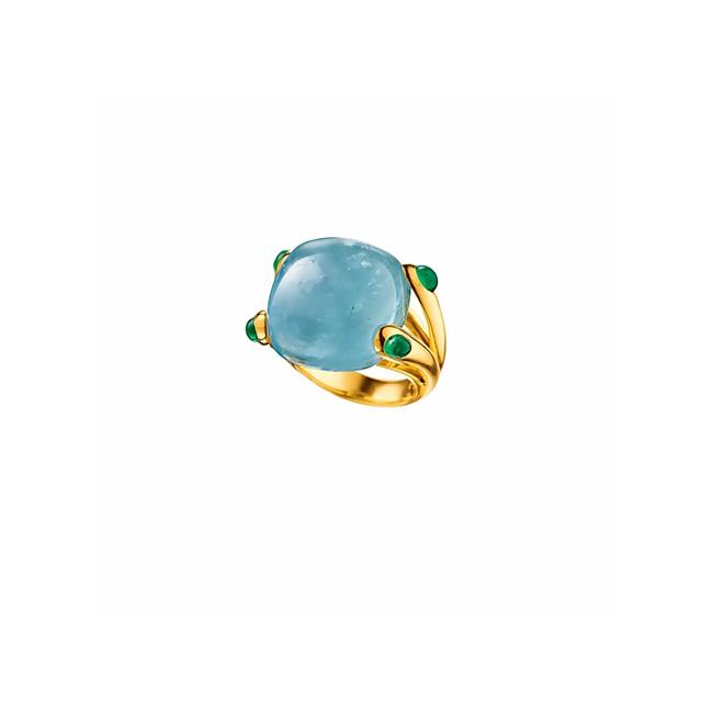 Verdura Candy 18k Yellow Gold Aquamarine and Emerald Ring