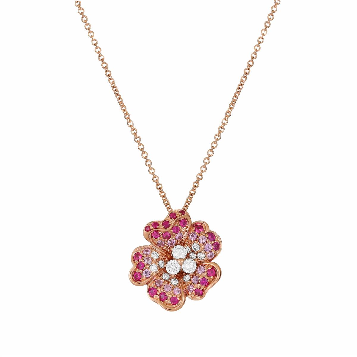Leo Pizzo Flora 18k Rose Gold Pink Sapphire & Diamond Medium Flower Pendant Necklace