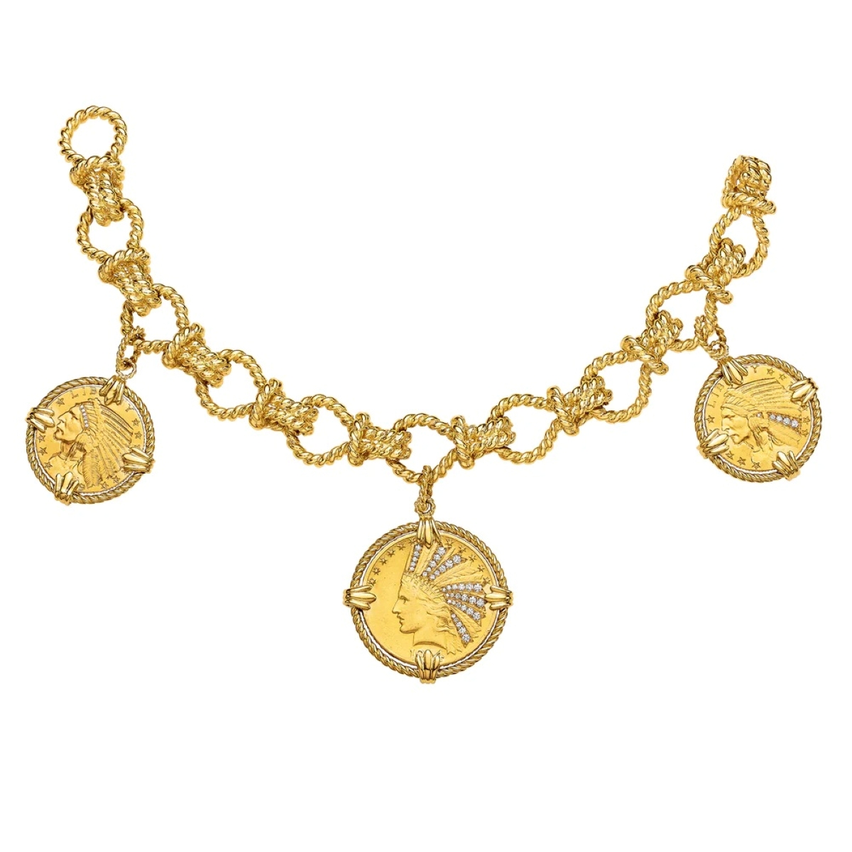 Verdura "Twenty Buck" 18k Yellow Gold 3 Indian Head Coin Bracelet
