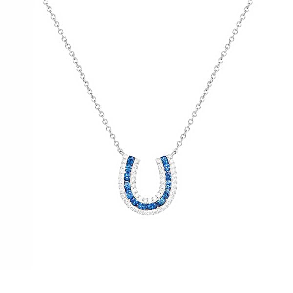 Karina Brez Lucky Horseshoe 18k White Gold Blue Sapphire and Diamond Horseshoe Pendant Necklace