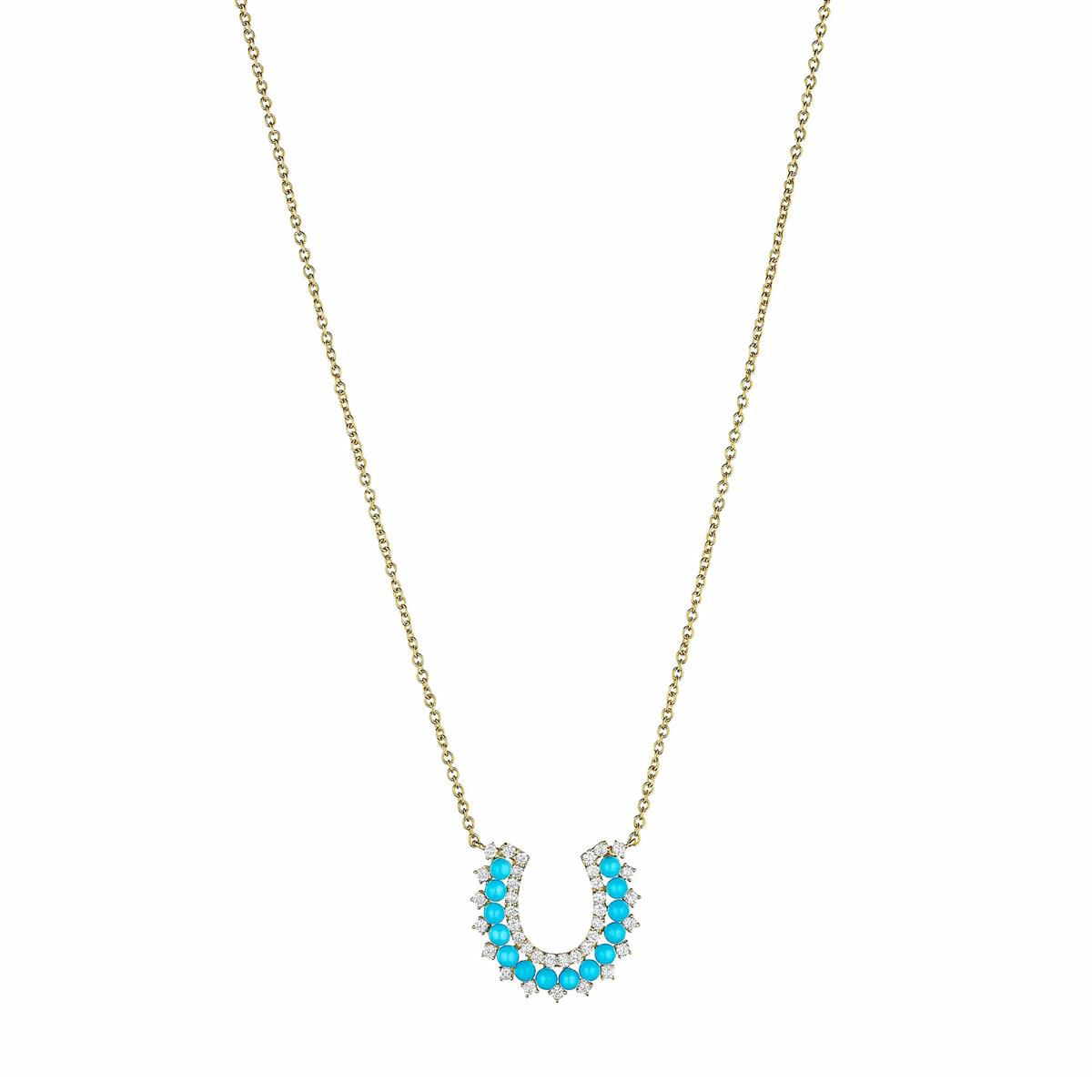 Karina Brez Lucky Horseshoe 18k Yellow Gold Turquoise and Diamond Horseshoe Pendant Necklace