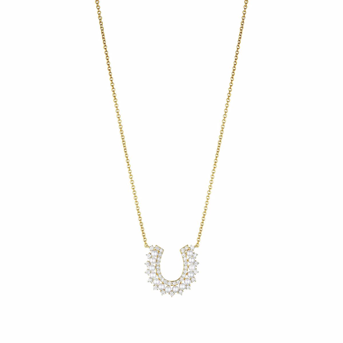 Karina Brez Lucky Horseshoe 18k Yellow Gold Pearl and Diamond Horseshoe Pendant Necklace