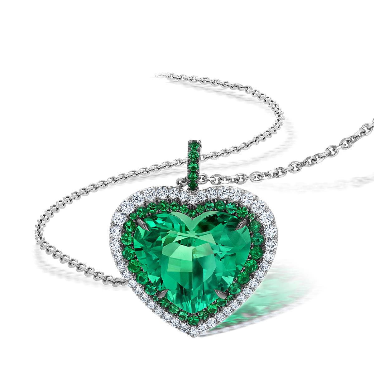 London Collection Platinum Emerald & Diamond Heart Pendant Necklace