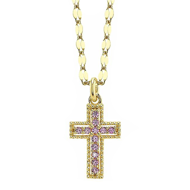London Collection 14k Yellow Gold Pink Sapphire Cross Pendant