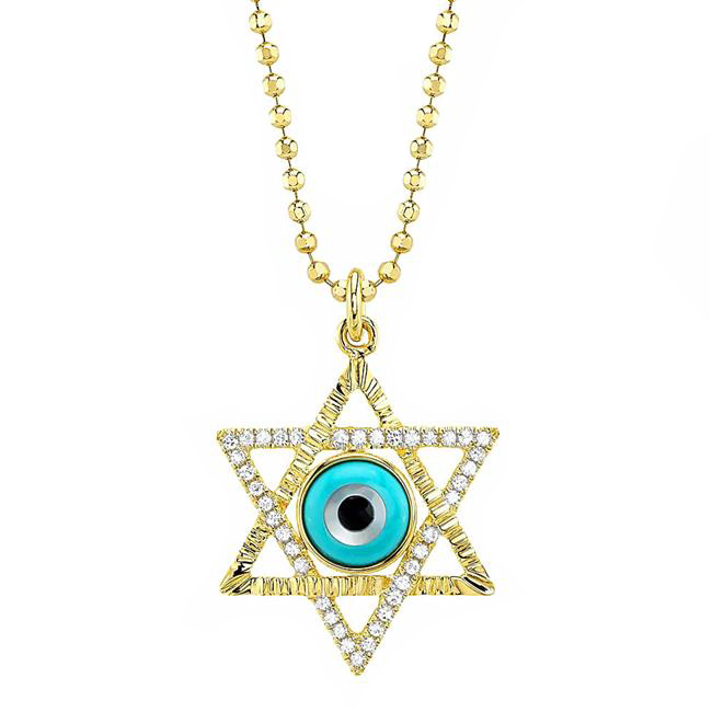 London Collection 14k Yellow Gold Diamond Turquoise Star of David Evil Eye Pendant
