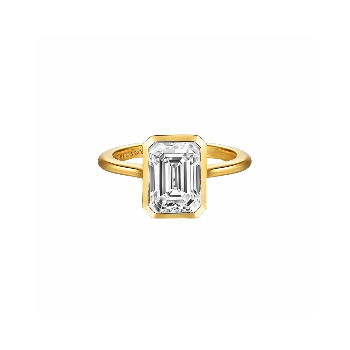 Gabriel & Co Bridal Brooke 14k Yellow Gold Bezel Set Emerald Cut Diamond Engagement Ring