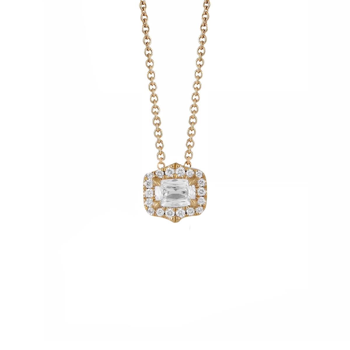 Henri Daussi 18k Yellow Gold East/West Cushion Diamond Halo Pendant Necklace