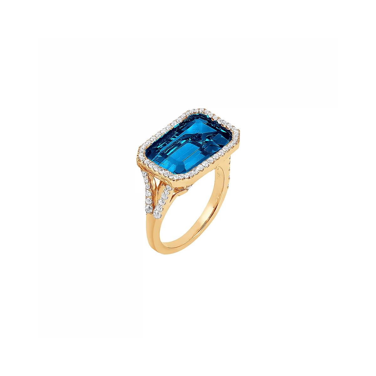 Goshwara Gossip 18k Yellow Gold London Blue Topaz & Diamond East/West Bezel Cocktail Ring