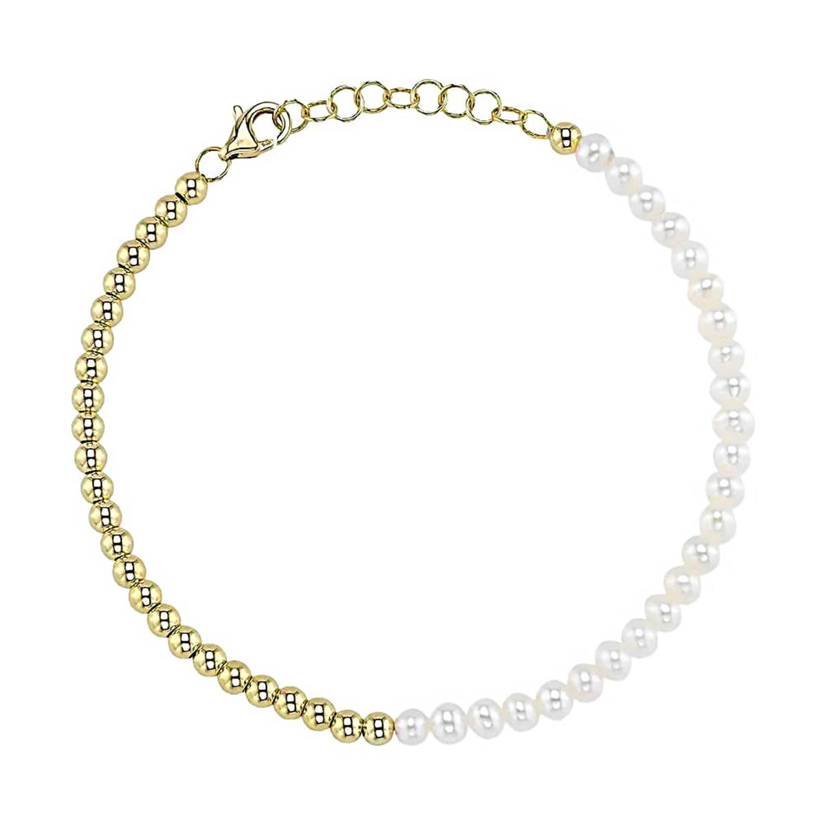 London Collection 14k Yellow Gold Half Pearl & Half Gold Bead Chain Bracelet