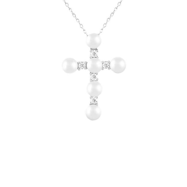 London Collection 14k White Gold Diamond and Pearl Cross Pendant