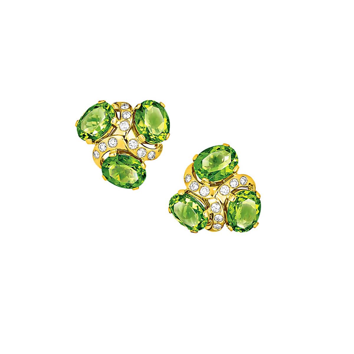 Verdura 18k Yellow Gold Peridot & Diamond Three Stone Clip Earrings