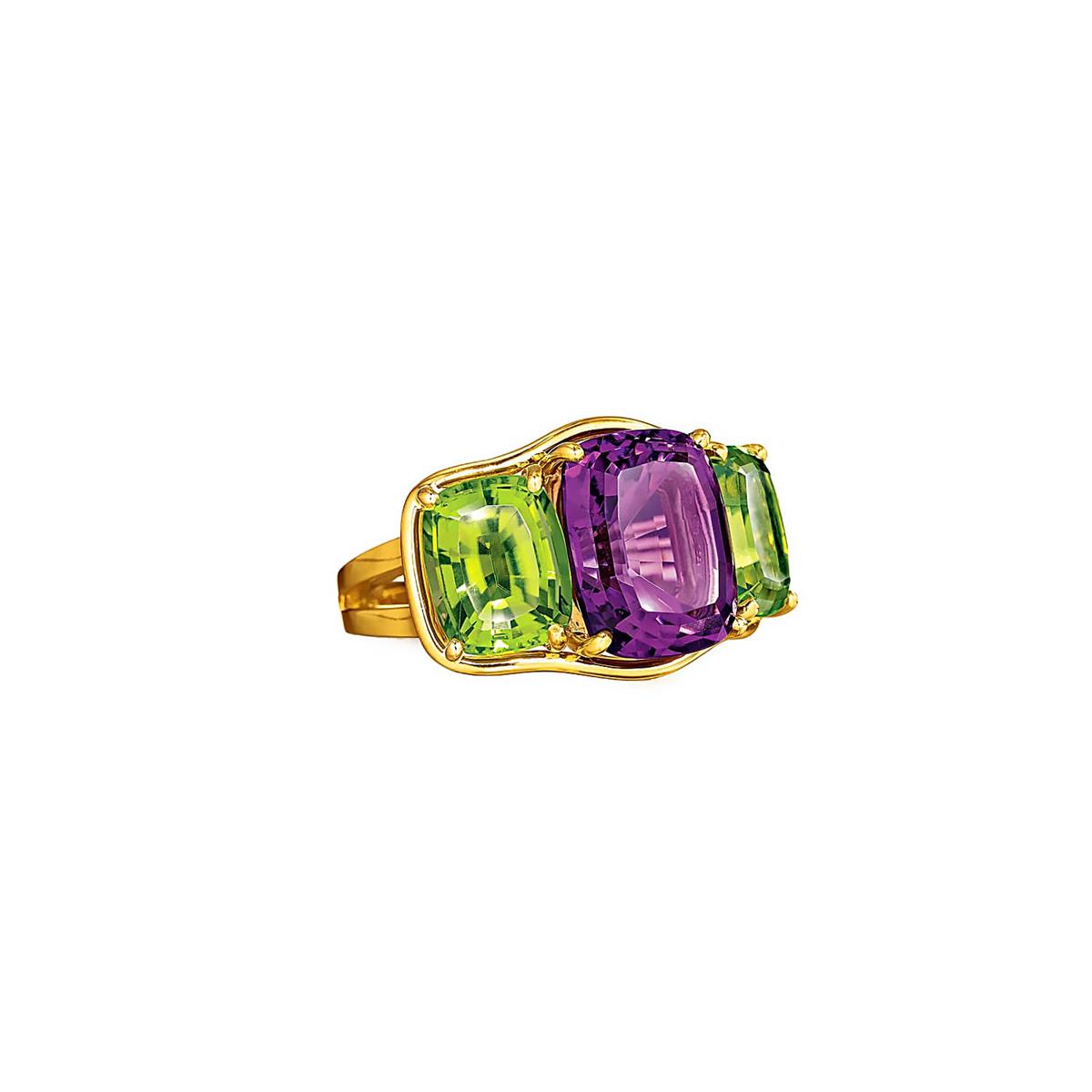 Verdura 18k Yellow Gold Amethyst & Peridot Three Stone Ring