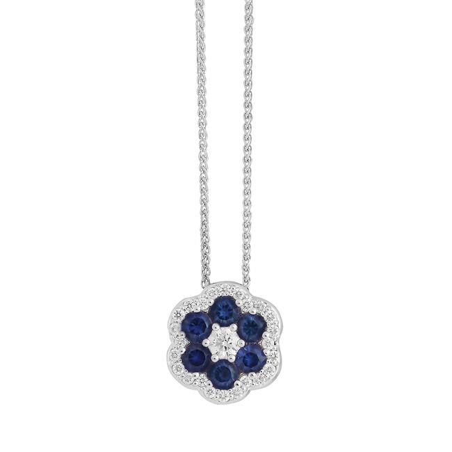 London Collection 18k White Gold Diamond and Blue Sapphire Flower Pendant Necklace