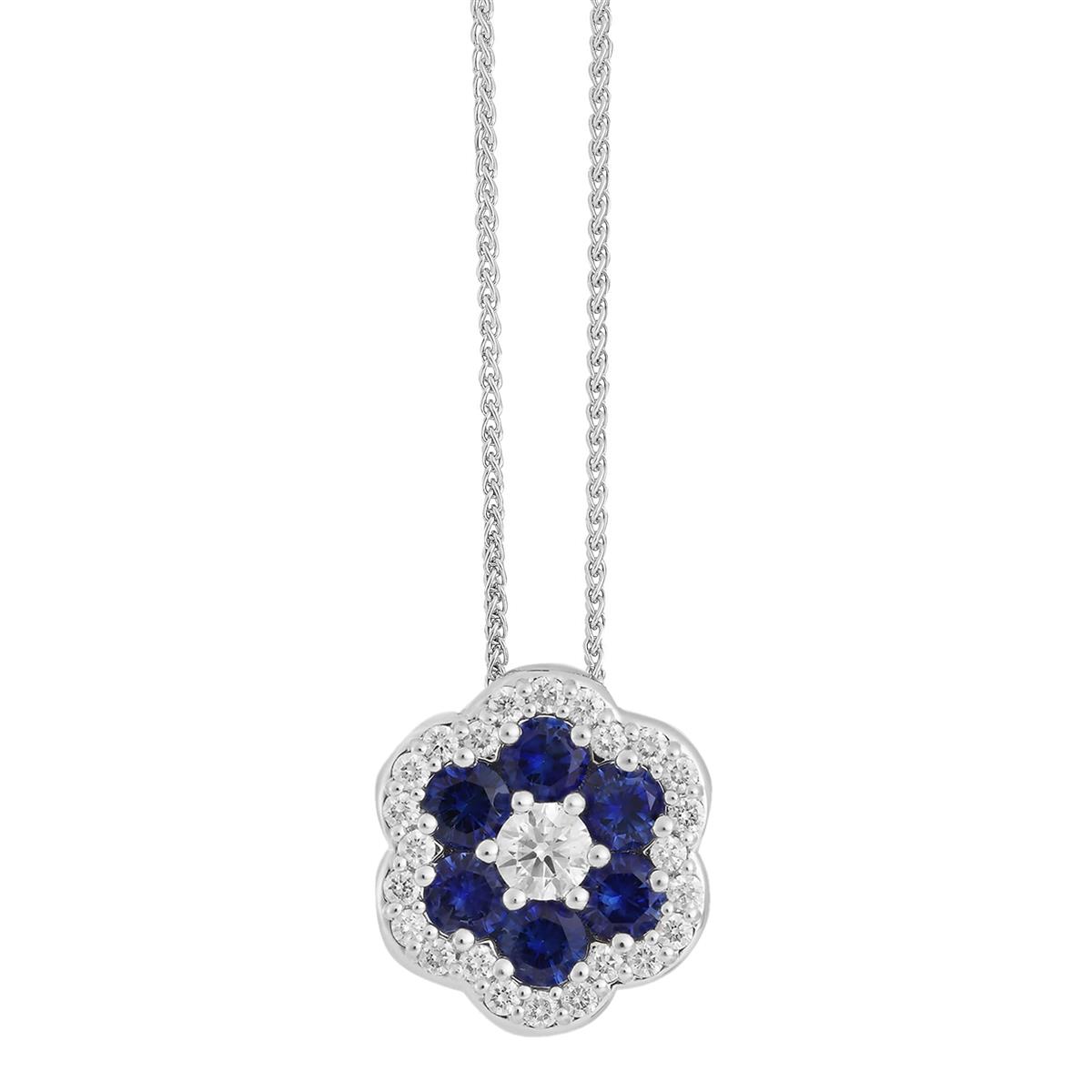London Collection 18k White Gold Diamond & Blue Sapphire Flower Pendant Chain Necklace
