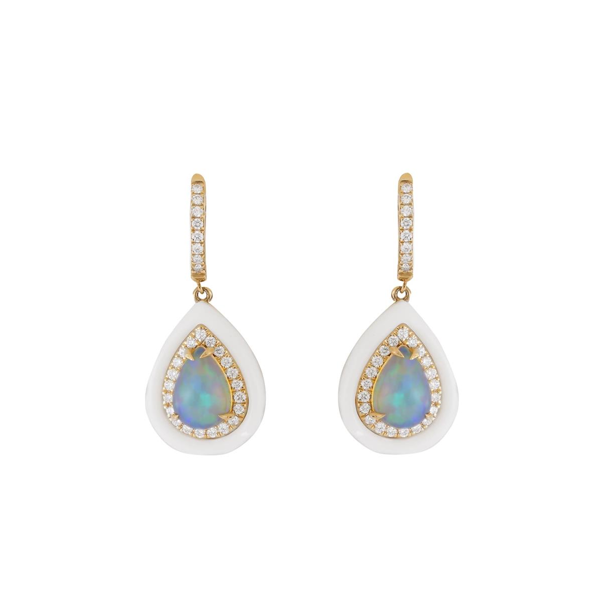London Collection 14k Yellow Gold Opal Diamond & White Enamel Drop Earrings