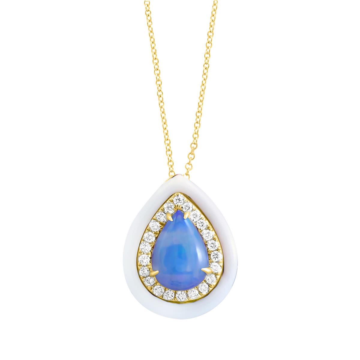 London Collection 14k Yellow Gold Opal White Enamel & Diamond Pendant Necklace