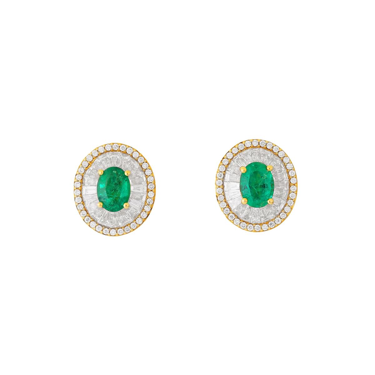 London Collection 18k Yellow Gold Emerald & Diamond Oval Stud Earrings