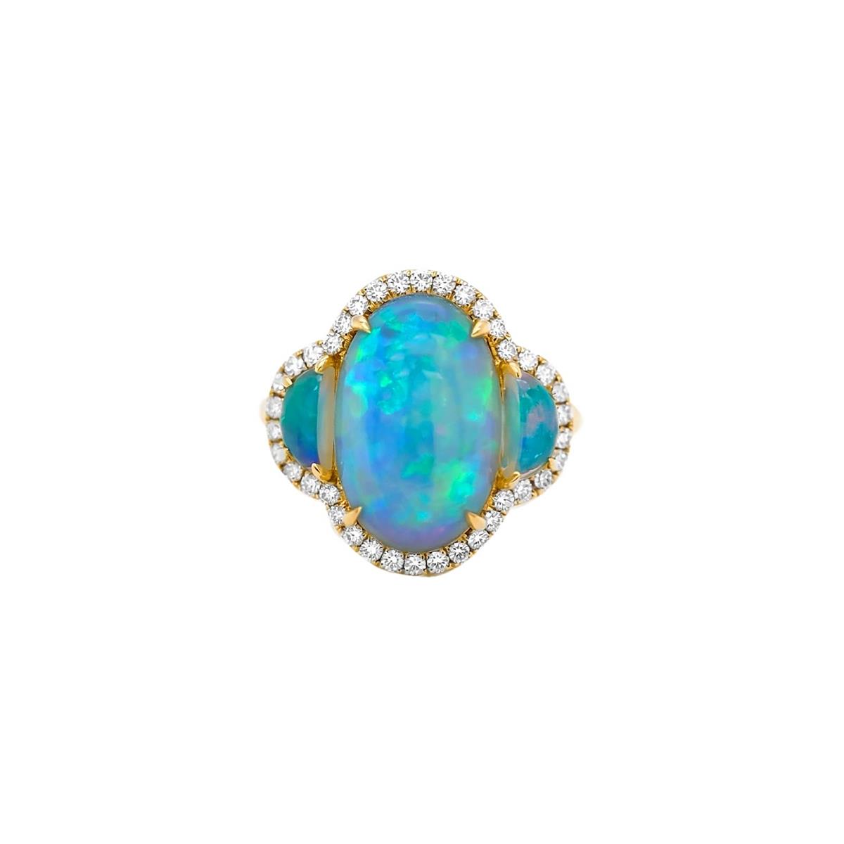 London Collection 14k Yellow Gold Opal & Diamond 3 Stone Halo Ring