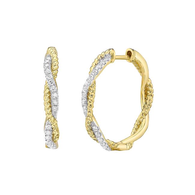 London Collection 14k Yellow Gold Twisted Diamond Hoop Earrings