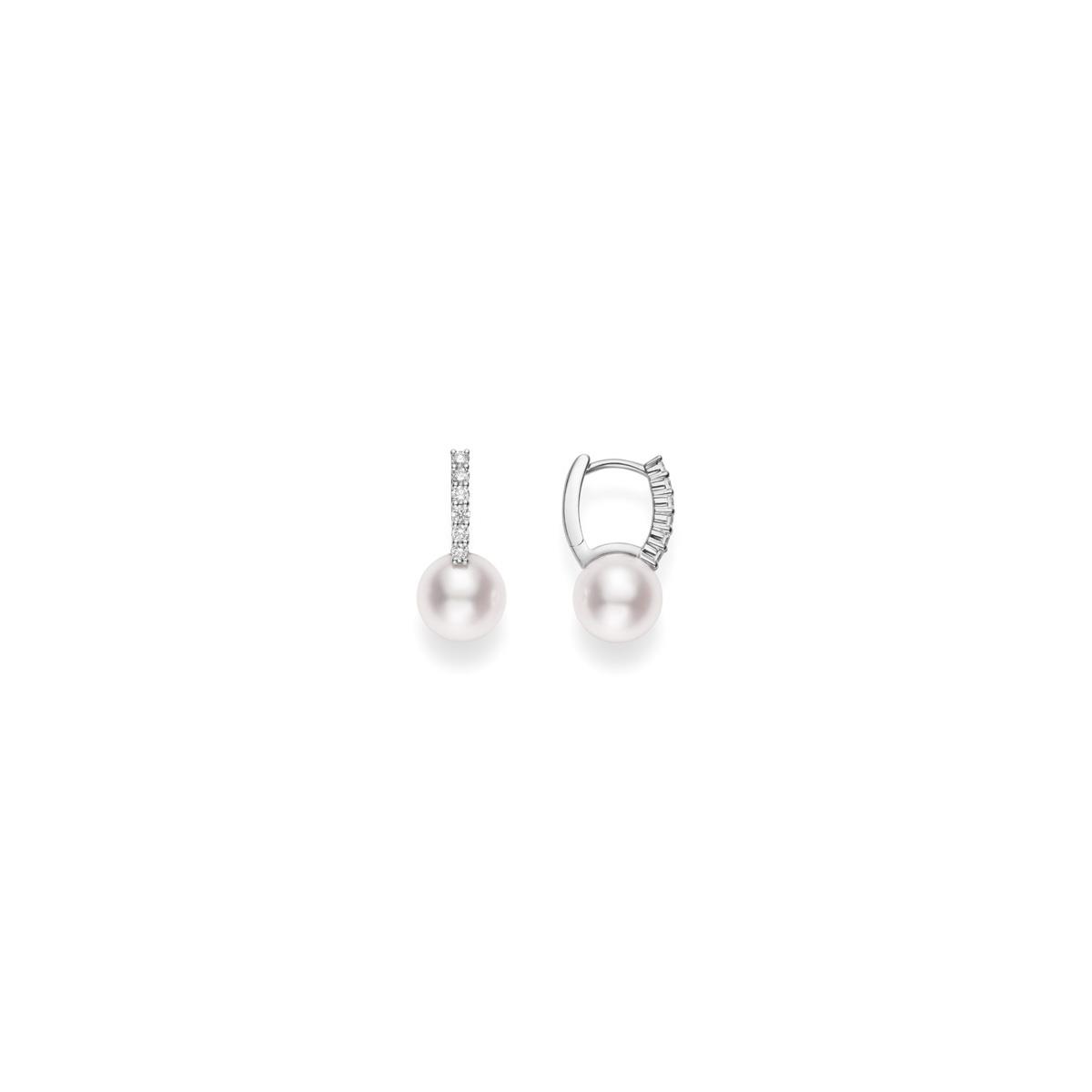 Mikimoto 18k White Gold Diamond & Akoya A+ Pearl Huggie Earrings
