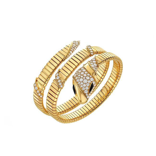 Bvlgari Sepenti Tubogas 18k Yellow Gold Black Onyx & Pave Diamond Wrap Bracelet