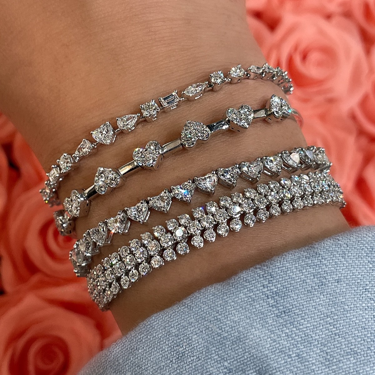 Norman Silverman Platinum Heart Shaped Diamond Tennis Bracelet